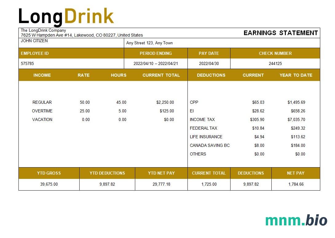 Szablon listy płac firmy LongDrink w formatach Word i PDF